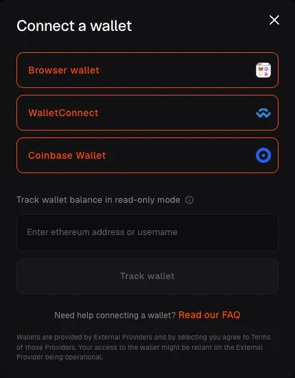 The bnq Connect a wallet modal with available wallet providers.